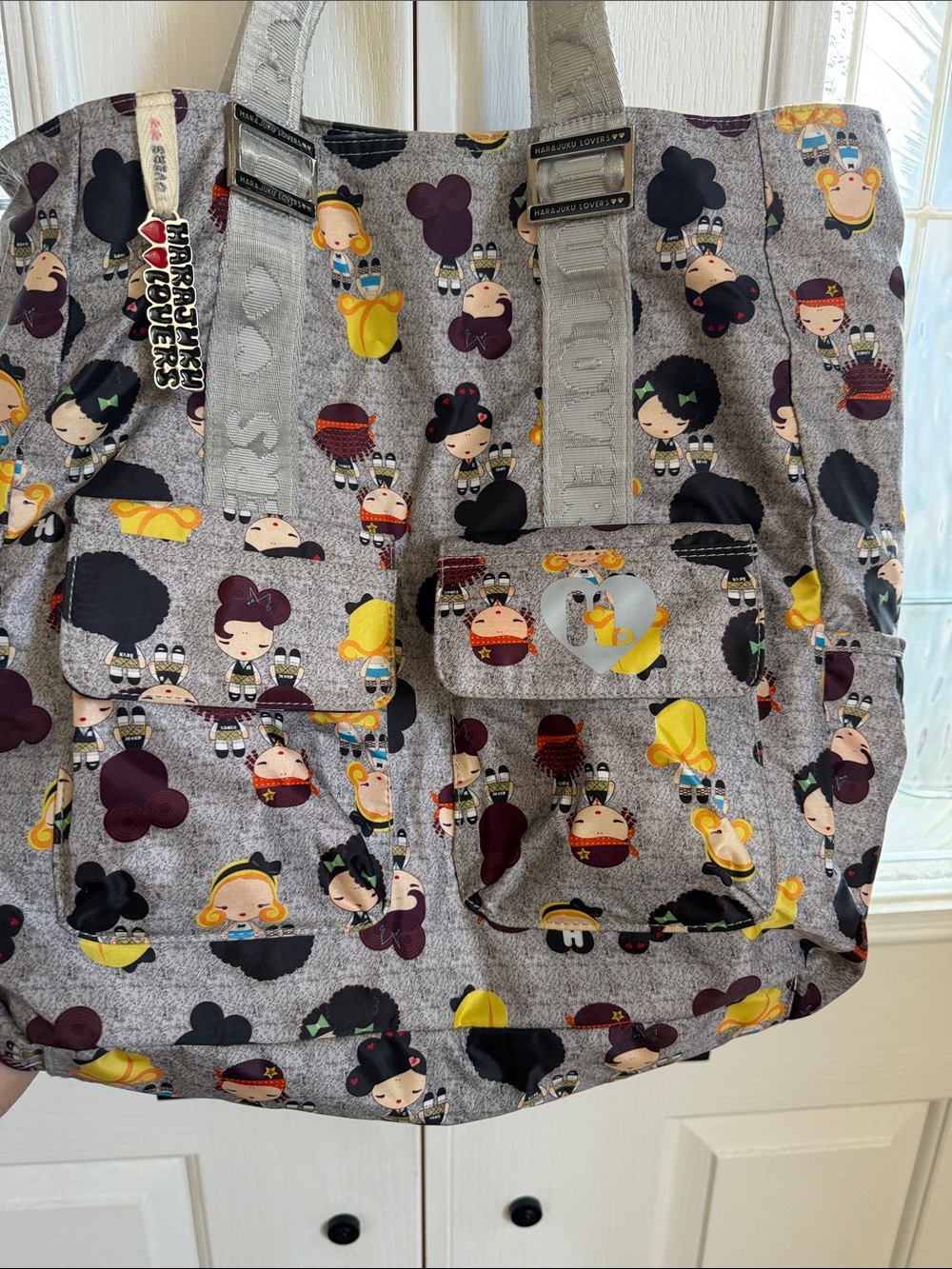 Harajuku Lovers Gray Character Print Big Tote Bag.